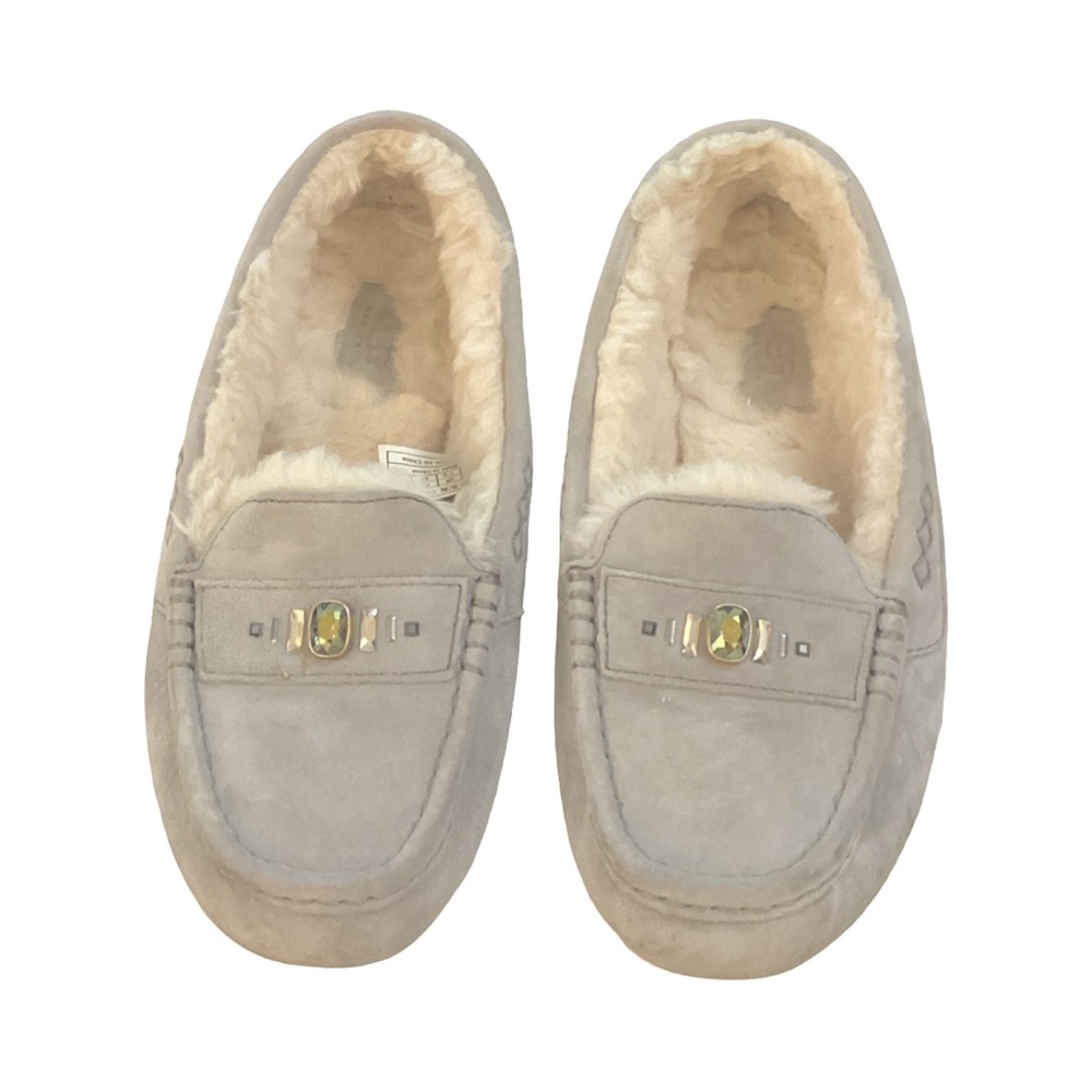 Ugg Suede Leather Crystal Embellished Cozy Gray Fur-Lined Loafers 9
